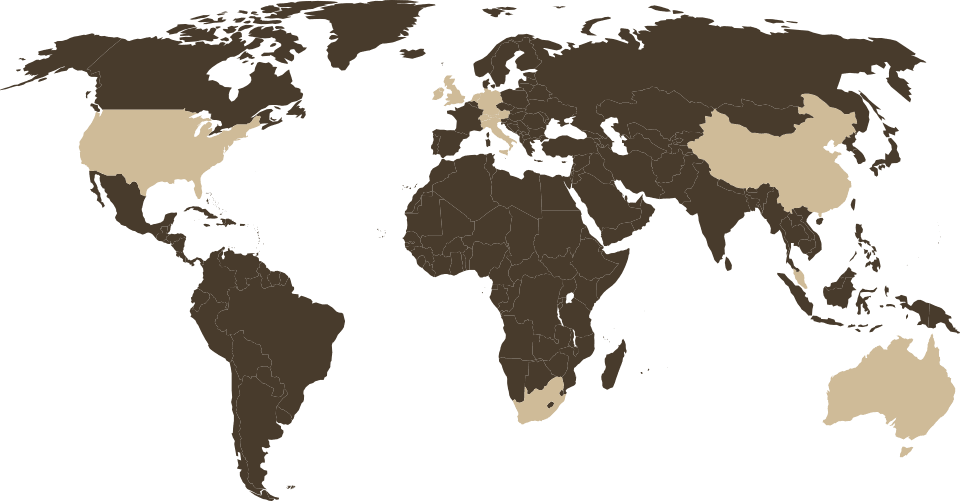 Eine Weltkarte mit hervorgehobenen Ländern, in denen Holger Wöltje Kunden unterstützt: den Vereinigten Staaten, dem Vereinigten Königreich, der Schweiz, den Niederlanden, Deutschland, Italien, Australien und China.