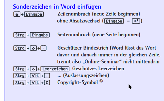 Ausschnitt aus PDF-Poster mit Shortcuts: Bereich „Sonderzeichen in Word einfügen“ – verschiedene Word-Tastenkombinationen und deren Auswirkungen.