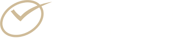 Logo WEISS „Holger Wöltje zeit-im-griff.de“: erledigtes Kontrollkästchen in Form einer Uhr in hellbeige und der Text in Weiß, für dunkle Hintergründe.