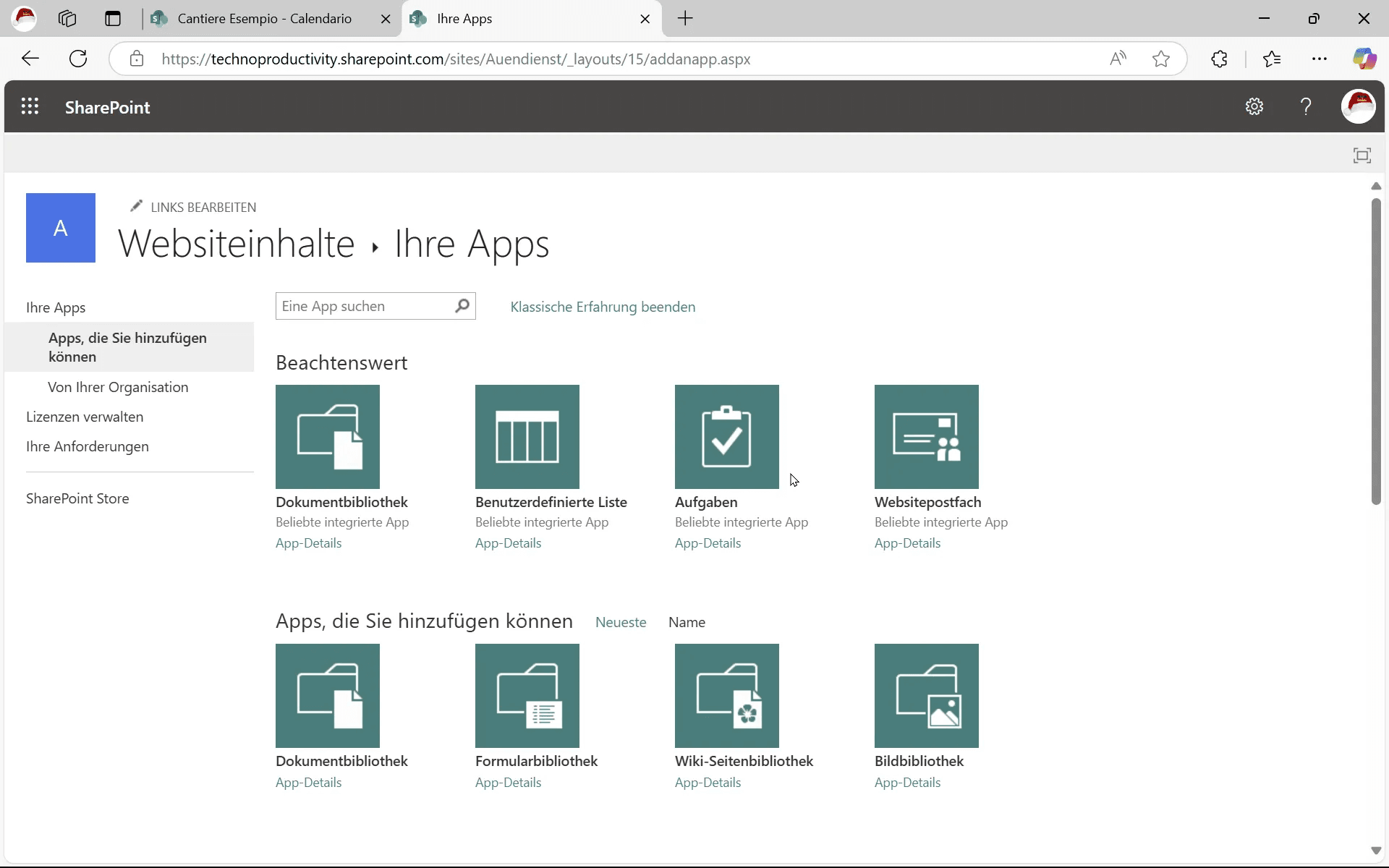 List of available apps in SharePoint