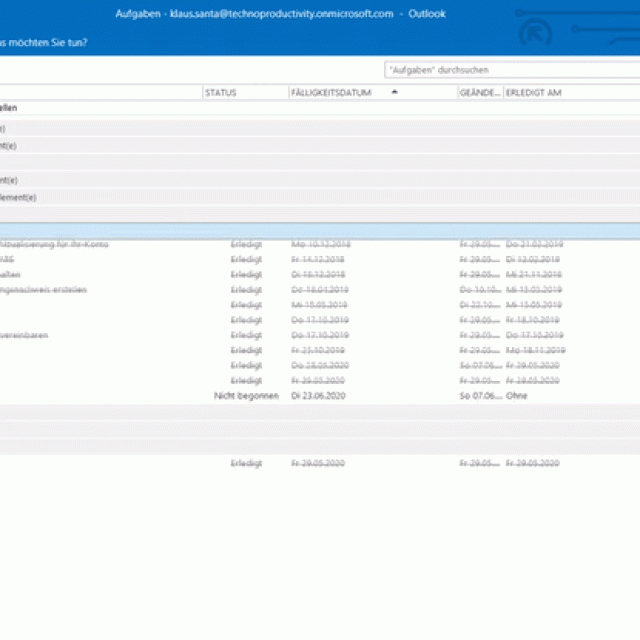 Screenshot aus dem E-Learning-Kurs: Outlook-Aufgaben kategorisiert und gruppiert – die Kategorie „Projekt A“ ist aufgeklappt und alle zugehörigen Aufgaben zu sehen, während die Liste mit den anderen Gruppen reduziert ist.