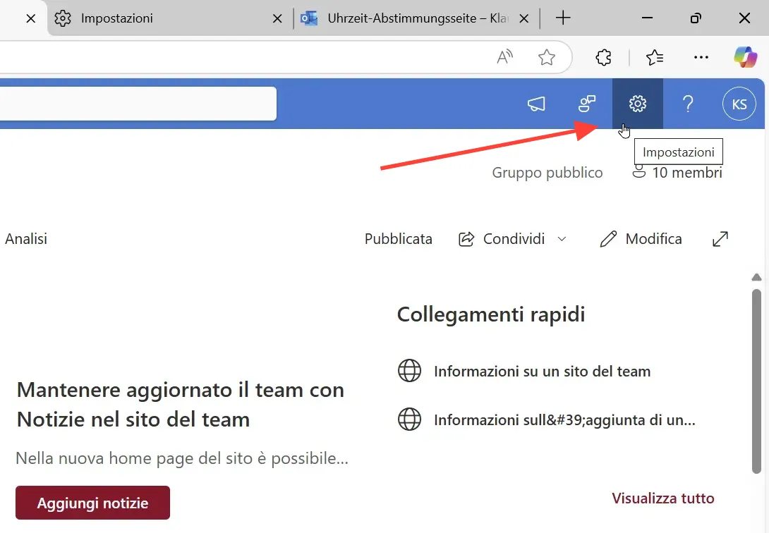Gear icon in the top right-hand corner of the SharePoint page