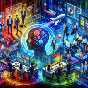 Eine Illustration, die Menschen, Technologie und ein Gehirn mit Zahnrädern darstellt, als Symbol für einen Videokurs zu Microsoft Copilot als die in Office 365 integrierte KI.