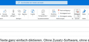 Menüband des deutschen Microsoft Outlook 365, die Diktieren-Schaltfläche für eine E-Mail ist hervorgehoben.