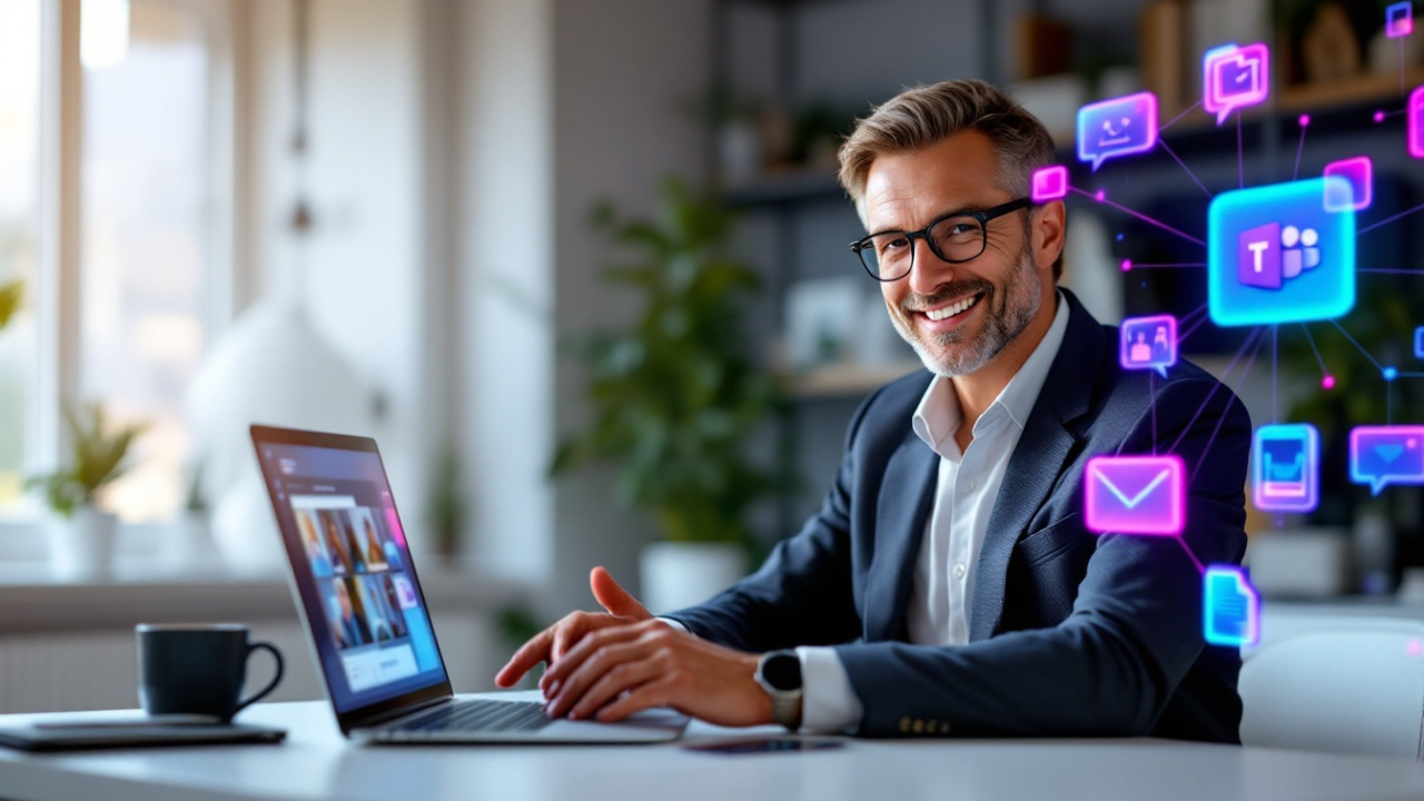 Ein Mitarbeiter am Laptop lernt mit Videokursen Microsoft Teams.