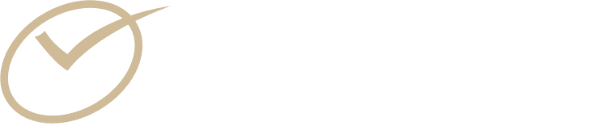 Logo WHITE „Holger Wöltje zeit-im-griff.de“: finished checkbox in the shape of a clock in light beige and the text in white, for dark backgrounds.