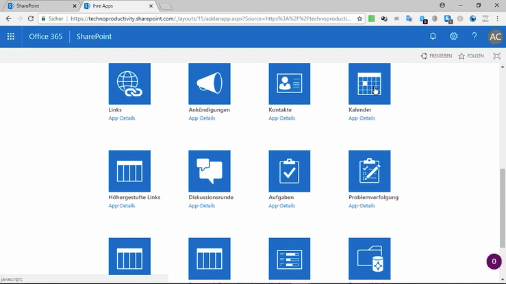 Screenshot einer SharePoint-Seite mit Kalender, Aufgaben und Dokumentbibliothek. Ideal für SharePoint-Videokurse-Tutorials.