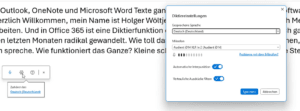 In einer deutschen Microsoft Outlook E-Mail wird ein Menü „Diktiereinstellungen“ mit Optionen zum Ändern der gesprochenen Sprache, des Mikrofons und weiteren Diktat-Einstellungen angezeigt.
