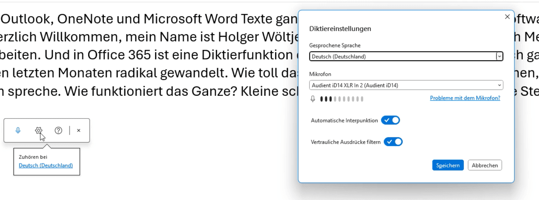 In einer deutschen Microsoft Outlook E-Mail wird ein Menü Diktiereinstellungen mit Optionen zum Ändern der gesprochenen Sprache, des Mikrofons und weiteren Diktat-Einstellungen angezeigt.