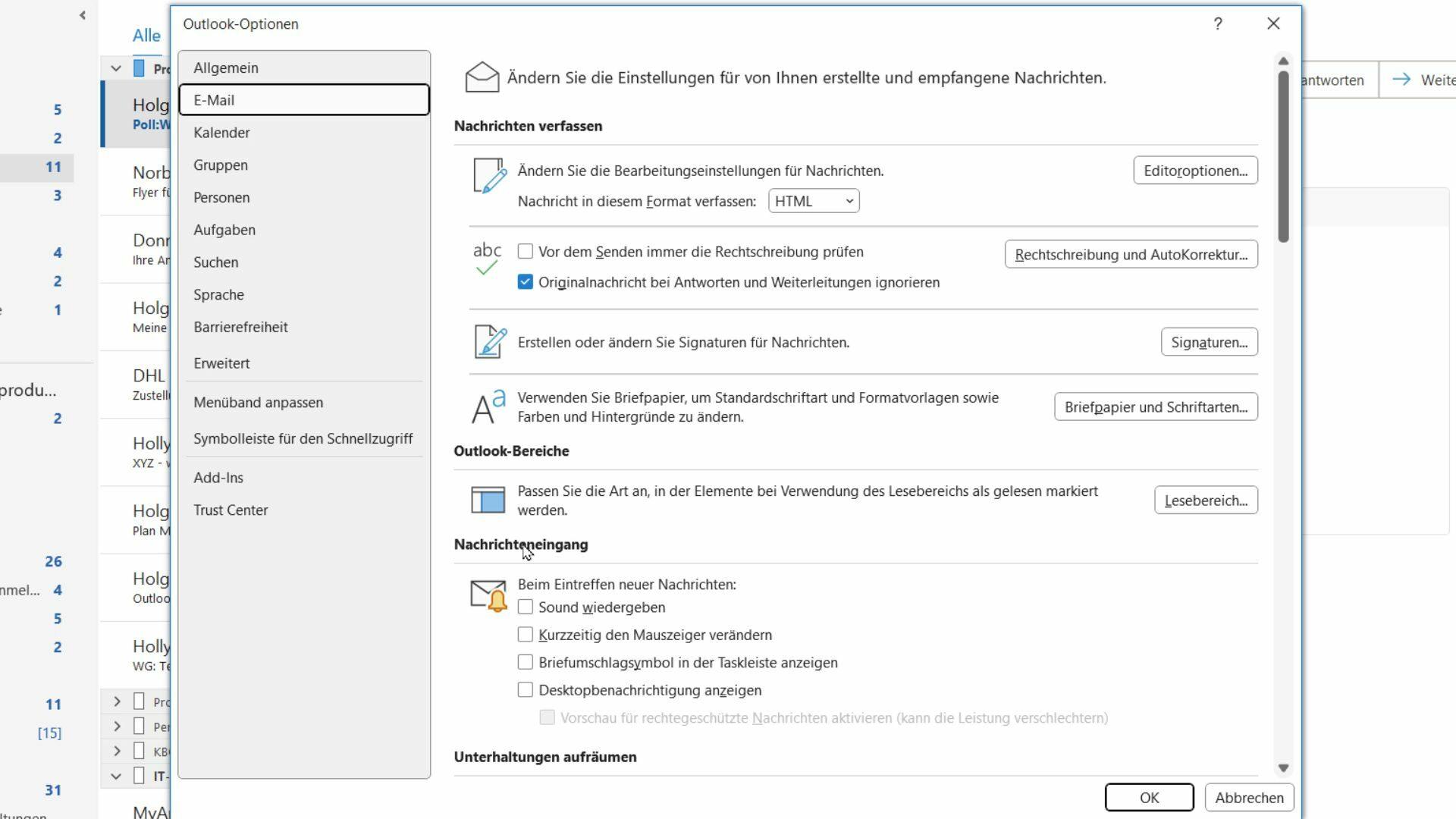 Switch off alerts for new emails in the Outlook options 