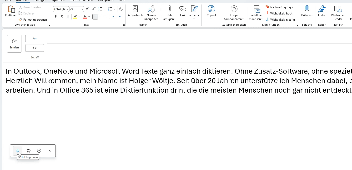 Eine Outlook-E-Mail-Oberfläche mit deutschem Text, in der Symbolleiste der Diktierfunktion wird „Diktat beginnen“ geklickt