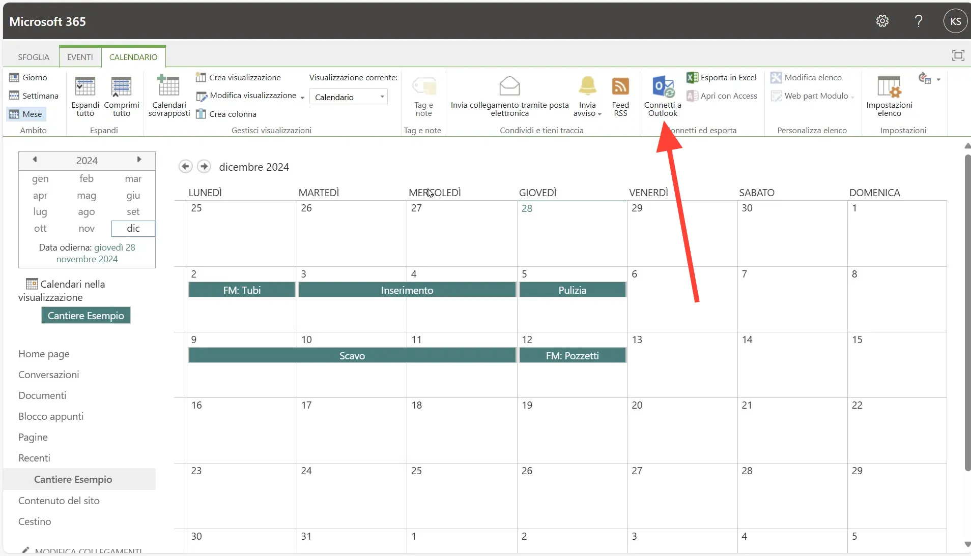 'Outlook' button in the SharePoint calendar