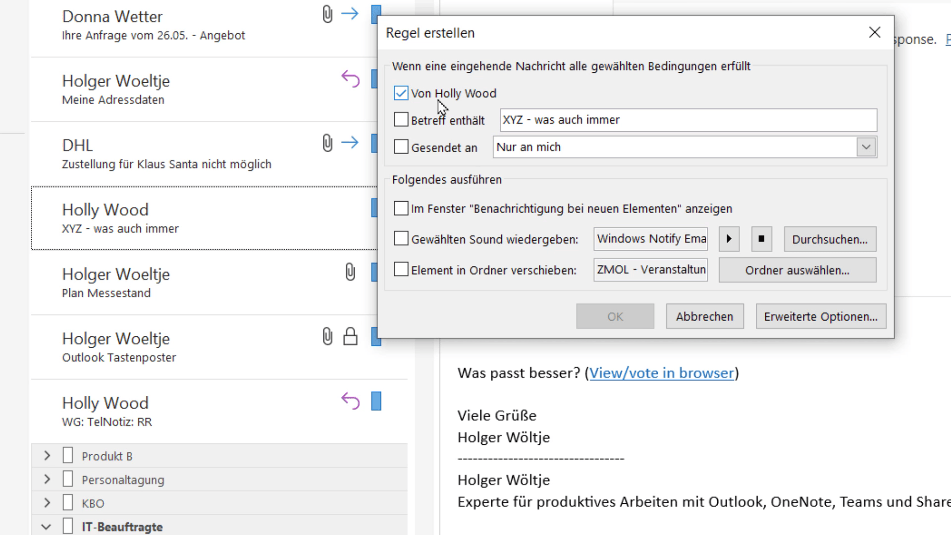 Create Outlook rules for emails from specific senders to be notified despite deactivated alerts