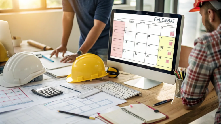 Baustellen-Kalender auf dem Computer, Bauplänen, Helmen und Büromaterial auf dem Schreibtisch.